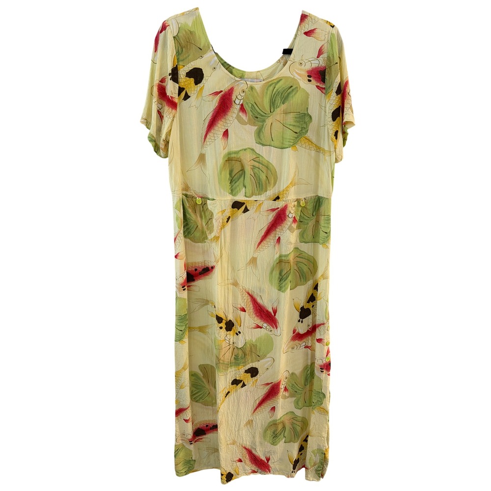 Vtg Jams World Women XL Koi Fish Lily Pad Print Crinkle Rayon Maxi Dress Yellow